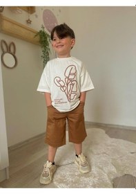 Resim Miniko Kids Erkek Çocuk Keten Şortlu Cep Modelli Pamuk Şortlu Takım Ekru 