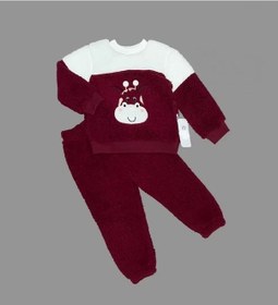 Resim 1-2-3 Yaş Ponponlu Zürafa Desenli Kuzu Kumaş Uzun Kollu 2li Kız Erkek Çocuk Takımı Bordo Bordo 