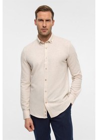Resim Süvari Bej Slim Armürlü Düğmeli Yaka Gömlek Bej 