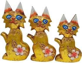 Resim Ahşap Simli Üçlü Kedi Dekoratif Biblo No.2 17 cm 