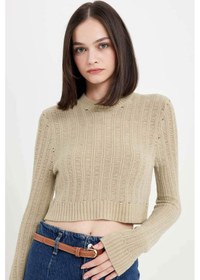 Resim DeFacto Regular Fit Crop Bisiklet Yaka Örgü Delikli Triko Kazak C6321AX24WNGN270 Yeşil 