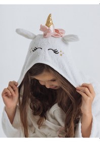 Resim Formeya Kapşonlu Çocuk Bornoz %100 Pamuklu Su Emici Unicorn Beyaz - Pudra 