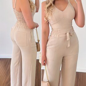 Resim Kadınlar için şık omuzdan düşük V-yaka poliester takım - Düz renk, 3/4 kollu, beli, hafif 140g/m², bahar/sonbahar için mükemmel 