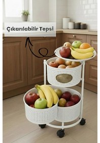 Resim 3 Katlı Tekerlekli Tepsili Kule Sebzelik Açılır Metal Patates Soğan Meyvelik Sepetli Raf Beyaz Beyaz 