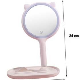 Resim Kedi Kulaklı Telefon Standlı Yuvarlak Dokunmatik LED Ayarlı Masa Üstü Makyaj Aynası 
