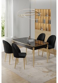 Resim Canisa Rada Serisi 80x132 Açılabilir Lak Panel Siyah Mermer Desen Masa 4 Siyah Sandalye Gold Detay Masa Siyah Mermer Desen Sandalye Siyah 