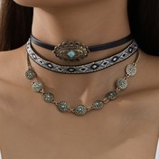 Resim Kadınların Günlük Kullanımı İçin Uygun 3 Parça Vintage Batı Tarzı Alaşımlı Turkuaz Örgülü Kolye Seti 