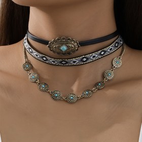 Resim Kadınların Günlük Kullanımı İçin Uygun 3 Parça Vintage Batı Tarzı Alaşımlı Turkuaz Örgülü Kolye Seti 