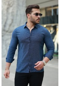 Resim Erkek Pamuklu Keten Gömlek Lacivert 