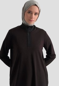 Resim Armine TREND Kolları ve Yakası Ribanalı Yarım Fermuarlı Crep Tunik Siyah 25KT456 