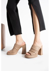Resim Dericia Shoes Cobalt Kadın Hakiki Deri Yüksek Topuklu Platform Terlik Bej 
