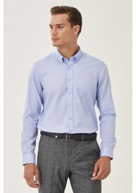 Resim Ac&Co / Altınyıldız Classics Erkek Acık Mavı Ütü Gerektirmeyen Taılored Slim Fit Dar Kesim Düğmeli Yaka %100 Pamuk Gömlek Acık Mavı Açık Mavi 