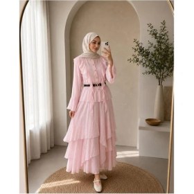 Resim Neşeli Butik Kadın Pudra Fırfır Detaylı Üst Kat Kat Volanlı Etek Ikili Tesettür Takım ---NBVQ3159 