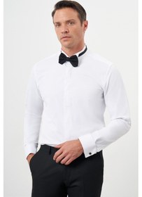 Resim Morven Erkek Beyaz Manşetli Düz Desen Ata Yaka Slim Fit Gömlek Beyaz 