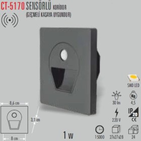 Resim Cata CT-5170 1W Sens.ledli Kor. Armatür (Siyah Kasa-Beyaz) Cata 
