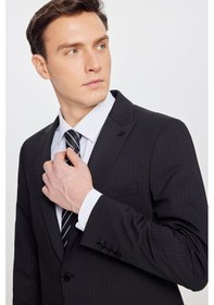 Resim Altınyıldız Classıcs Smart Lıne Erkek Sıyah Grı Slim Fit Kırlangıç Yaka Çizgili Kapak Cepli Esnek Takım Elbise 