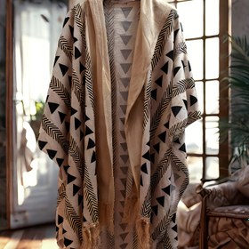 Resim Erkek Boho-Chic Geometrik Baskı Plaj Örtüsü Gömlek - Yaz Tatili için Tül Detaylı Hafif, Nefes Alabilen Polyester Kapüşonlu Ceket 