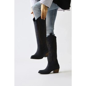 Resim Fizaro Lacivert Sivri Burunlu Nakışlı Zımba Detaylı Western Çizme 