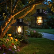 Resim 2'li Güneş Enerjili Fener Seti, Dış Mekan Asma Güneş Işıkları, Vintage LED Güneş Işıklar Tutacaklı Bahçe Patio Yolu Veranda Dekorasyonu için (Siyah) 