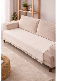 Resim Pamuklu Koltuk Örtüsü 115x200 Cm Çekyat Ve Kanepeler İçin Koruyucu Önden Saçaklı Dekoratif Kaymaz Ekru 