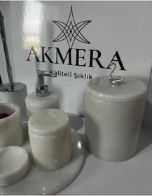 Resim Akmera Elite 7 Parça %100 Gerçek Mermer Banyo Seti Beyaz - Gümüş 