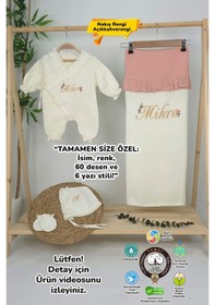 Resim Gros Shop Müslin Yeni Doğan 4katlı Organik %100pamuk Kişiye Özgü Nakışlı Hastane Çıkış Seti Papatya Model-11 Ekru 