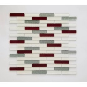 Resim Orient Mutfak,banyo, zemin Için Beyaz Bordo Simli 15x73 Kristal Mozaik ( 1 Koli = 11 File = 1 m2 Fiyatıdır ) 