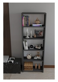 Resim 5 Raflı Kitaplık Dekoratif Çok Amaçlı Düzenleyici Raf 150 Cm Salon Çalışma Odası Raf Antrasit 
