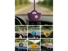 Resim Amigurumi Araba Dikiz Aynası Süsü & Anahtarlık & Çanta Askısı – % 100 El Örgüsü Mor Çanta 