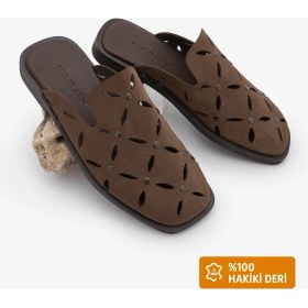 Resim Marjin Kadın Hakiki Deri Önü Kapalı Zımbalı Küt Burun Sabo Günlük Terlik Tavire Kahve Süet 