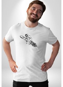 Resim Roket Astronot Unisex Unisex Beyaz Organik Baskılı T-shirt Penye Yüksek Kalite Beyaz 