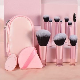 Resim 10 Pembe Mini Makyaj Fırçaları + 1 Kadife Pudra Süngeri + 2 Parmak Ucu Mini Sünger - Seyahat Taşınabilir Makyaj Aracı Seti 