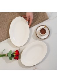 Resim Porsima 4461 Gonca Porselen Kayık Tabak Seti - Oval Kahvaltılık Sunumluk Seti 25cm Beyaz 