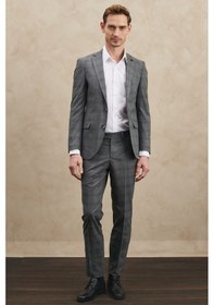 Resim AC&Co / Altınyıldız Classics Ekstra Slim Fit Dar Kesim Mono Yaka Kareli Takım Elbise - 556336968 Gri 