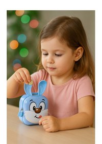 Resim Çocuklar İçin Anahtarlı Tavşan Tasarımlı Mavi Metal Kumbara 