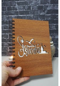 Resim Istanbul Desenli Ahşap Kapaklı Defter - Notebook - Günlük - Çizgisiz Anı Defteri Ahşap Rengi Ceviz 