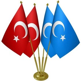 Resim Masa Üstü Doğu Türkistan Bayrağı Türk Bayrağı Dörtlü Pirinç Direk 