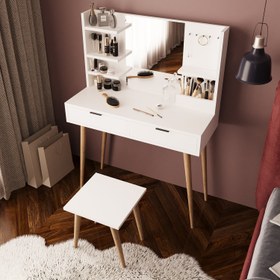 Resim Bimossa V40 Bella Tabureli Makyaj Masası - Meşe - Kumtaşı 