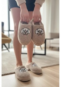 Resim Ft 102 Köpek Nakışlı Kadın Ev Terliği Peluş Terlik Çeyiz Ve Bohça Terliği Ses Yapmaz Kalın Taban Camel 