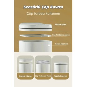 Resim Berdina Home Sensörlü Çöp Kovası Mutfak Banyo Ofis 20L Uv Işık Antibakteriyel Koku Geçirmez Ergonomik Tasarımlı 
