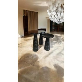 Resim Siyah Renk Ahşap Mantar Sehpa 3lü Set Doğal Zigon Fiskos Sehpa Takımı 