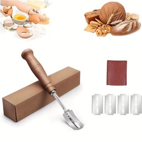 Resim 1 Set, Artisan Ekmek Dilimleyici Ahşap Sap ve Paslanmaz Çelik Bıçak ile, Yedek Bıçaklar Seti Dahil, Baguette, Sourdough, Focaccia ve Kek Ekmek için İdeal - Mutfak Pişirme Aracı 