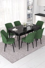 Resim Canisa Nef Serisi 70x114 Açılabilir Mdf Siyah Mermer Desen Masa Takımı Ve 6 Haki Yeşil Sandalye 