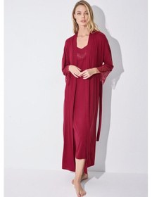 Resim Monamise Kadın Dekolteli Yakası Ve Kolu Dantelli Sabahlık Takımı 18520-kırmızı Kırmızı 