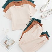 Resim 3 Takım Basit Düz Lounge Takımı, Crew Neck Kısa Kollu Üst & Dantelli Pantolon, Kadınların Rahat Giyim & Uyku Giyimleri 