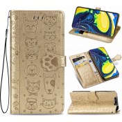 Resim Yihang Boutique Durumda Samsung Galaxy A80 Çevir Cüzdan Kabartmalı Kapak Etui Housse Kedi Köpek Desen - Altın (Yurt Dışından) 