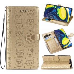 Resim Yihang Boutique Durumda Samsung Galaxy A80 Çevir Cüzdan Kabartmalı Kapak Etui Housse Kedi Köpek Desen - Altın (Yurt Dışından) 