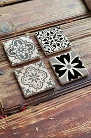 Resim Oscar Stone Decor Baskılı Doğaltaş Bardak Altlığı 4'Lü Set Desen Tile 4Dsn-239 