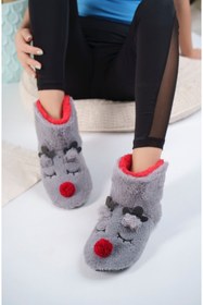 Resim AlbiShoes Kız Çocuk Geyik Figürlü Ev Botu Panduf Çocuk Peluş Rahat Sessiz Kaymaz Taban Ev Ayakkabısı 