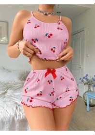 Resim Findit Pembe Kiraz Desenli Askılı Şortlu Pijama Pembe 